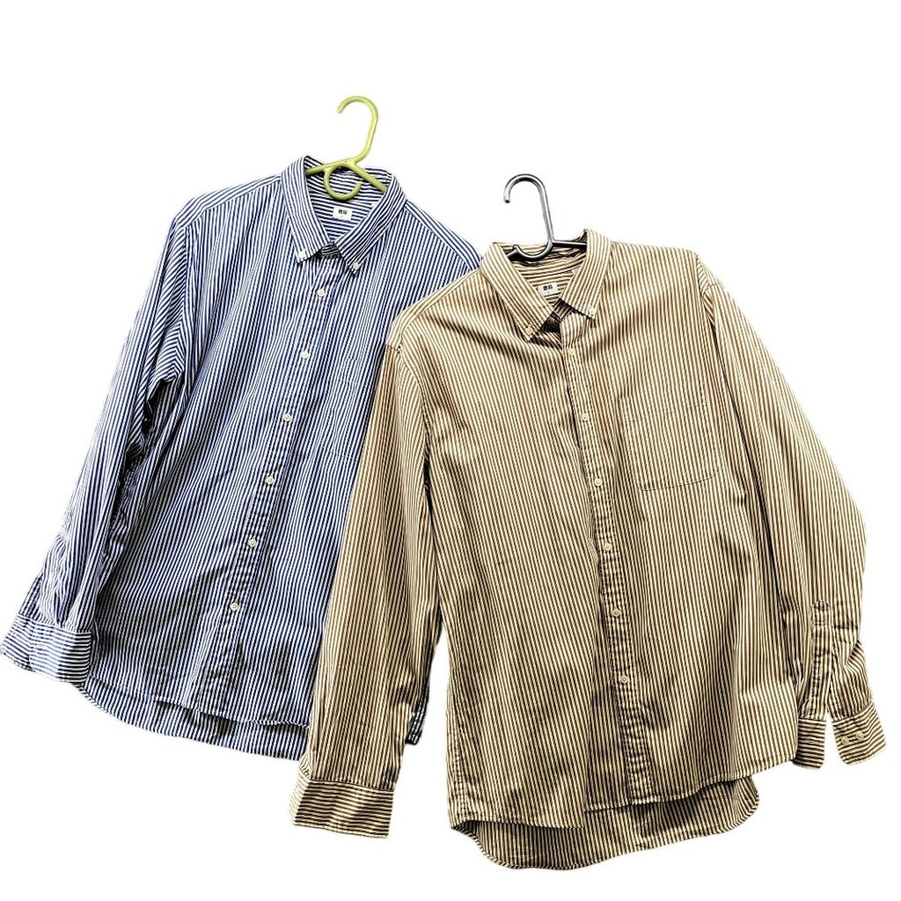 Uniqlo Blue and Tan Striped Casual Button Down Shirts